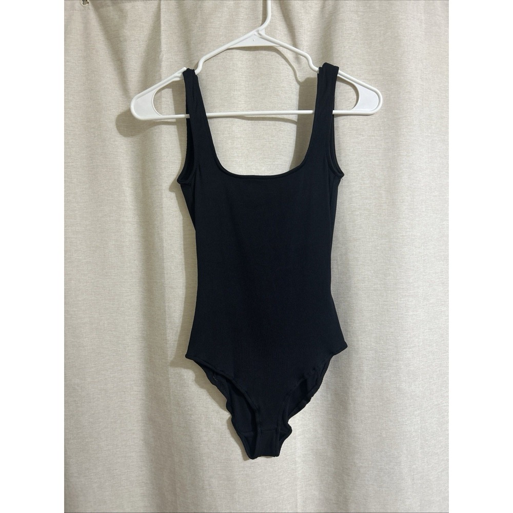 Black Ribbed Pull On Stretch Bodice Bodysuit Square Neck Tank Top XS Clean Girl
